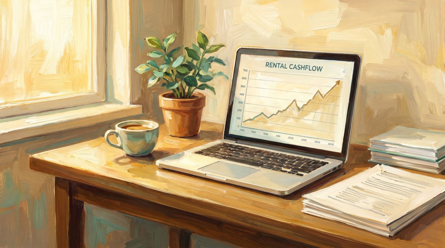 Painted illustration of a desk showing rental cashflow growing