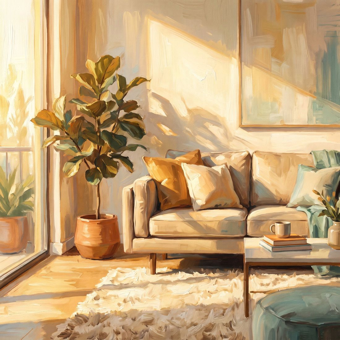 Painted illustration of a freshly furnished living room