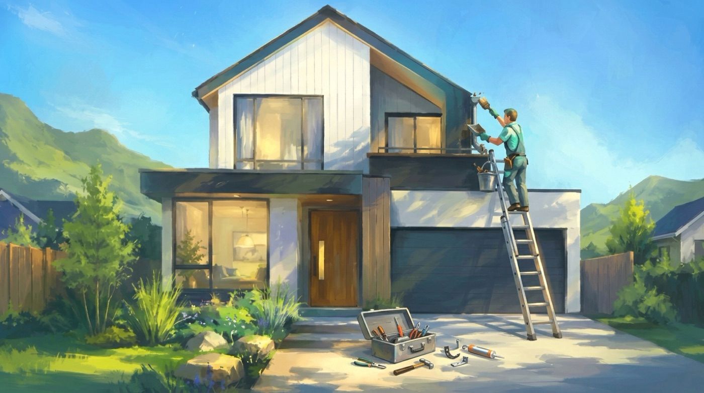 Painted illustration of a tradesperson doing home maintenance