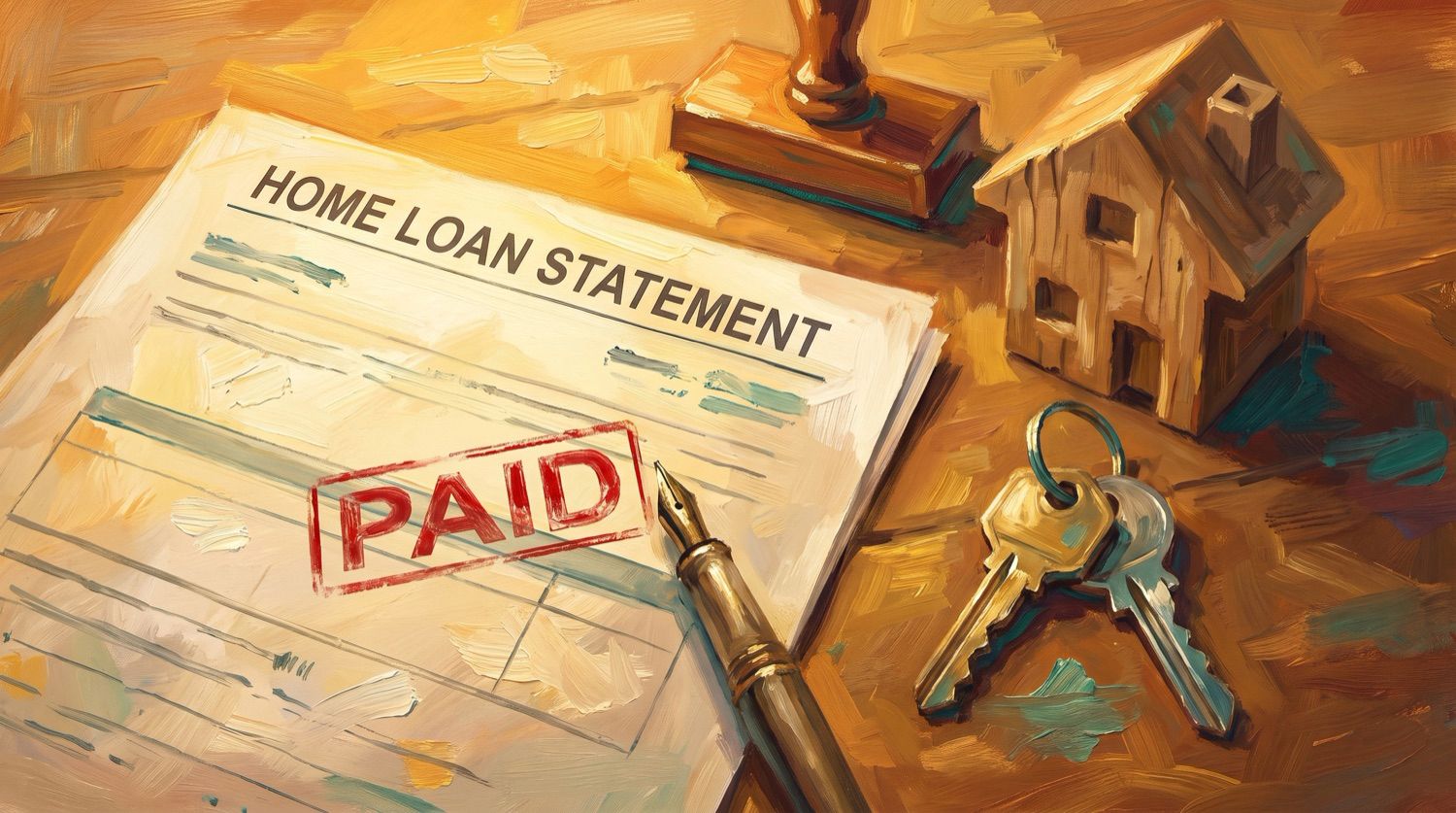 Painted illustration of a home loan statement marked paid