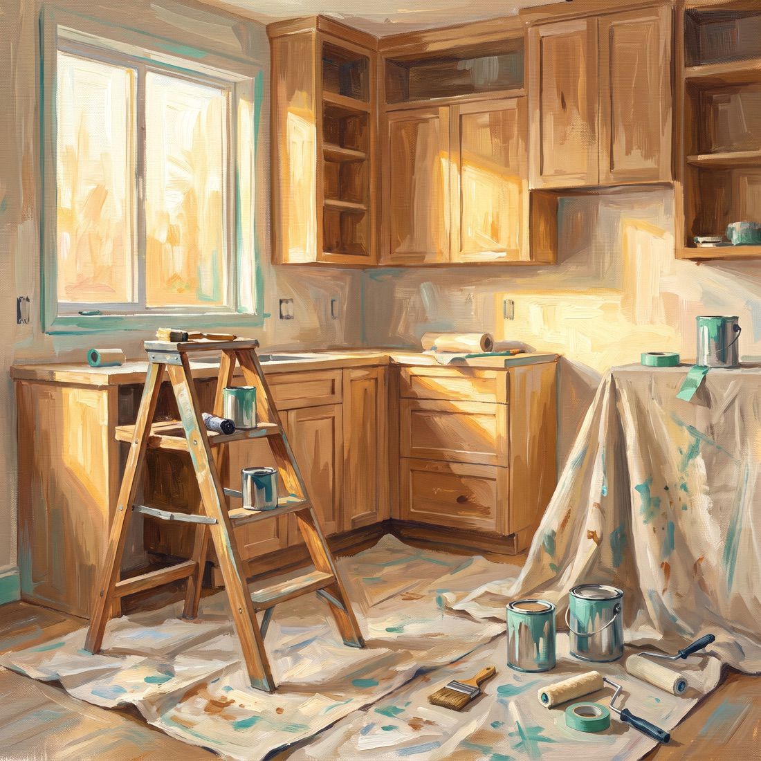 Painted illustration of a kitchen mid-renovation